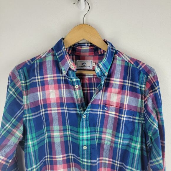 Southern Tide Trim Fit Button Up Shirt Long Sleeve Check Blue Size S - Picture 2 of 4